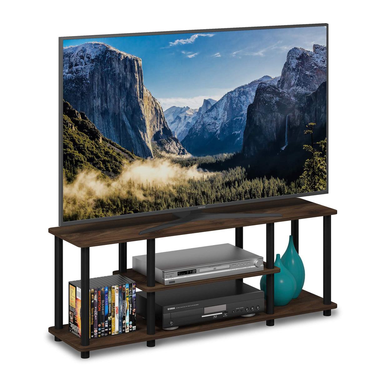 Furinno Turn-N-Tube No Tools 3D 3-Tier Entertainment TV Stand up to 50 inch TV, Round Tubes, Dark Brown / Black