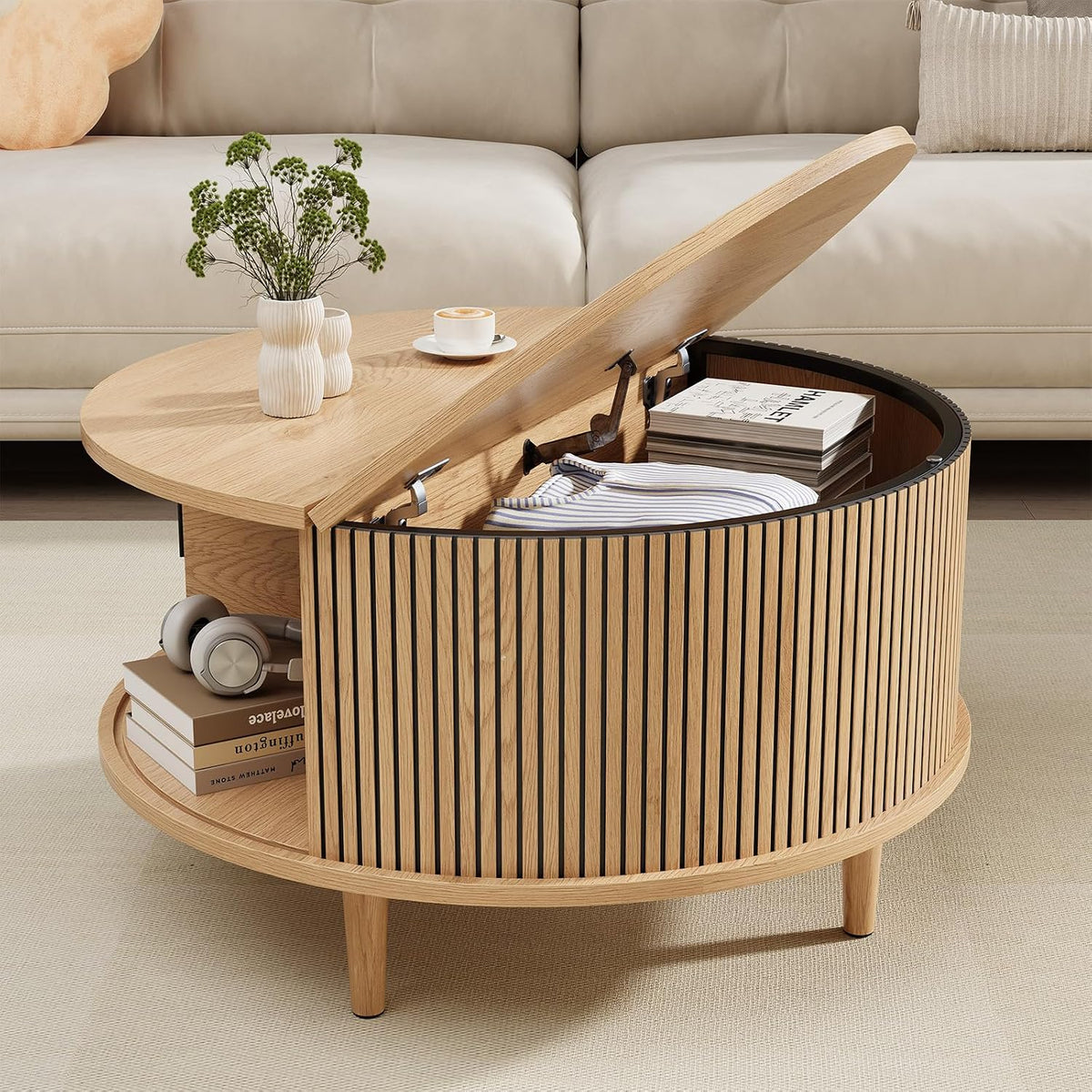 Round Coffee Table with Storage, Mid Century Modern Coffee Table, Fluted Dining Table with Sliding Door, Circle Coffee Table for Living Room Home Office, 31.5", Oak