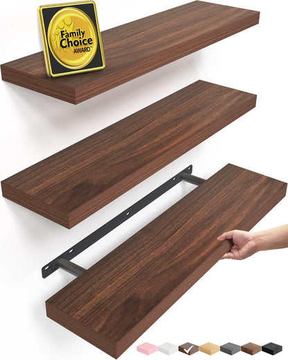 BAYKA Walnut-Like Floating Shelves 15.7in, 3 Pack, Wall Mounted Wall Decor