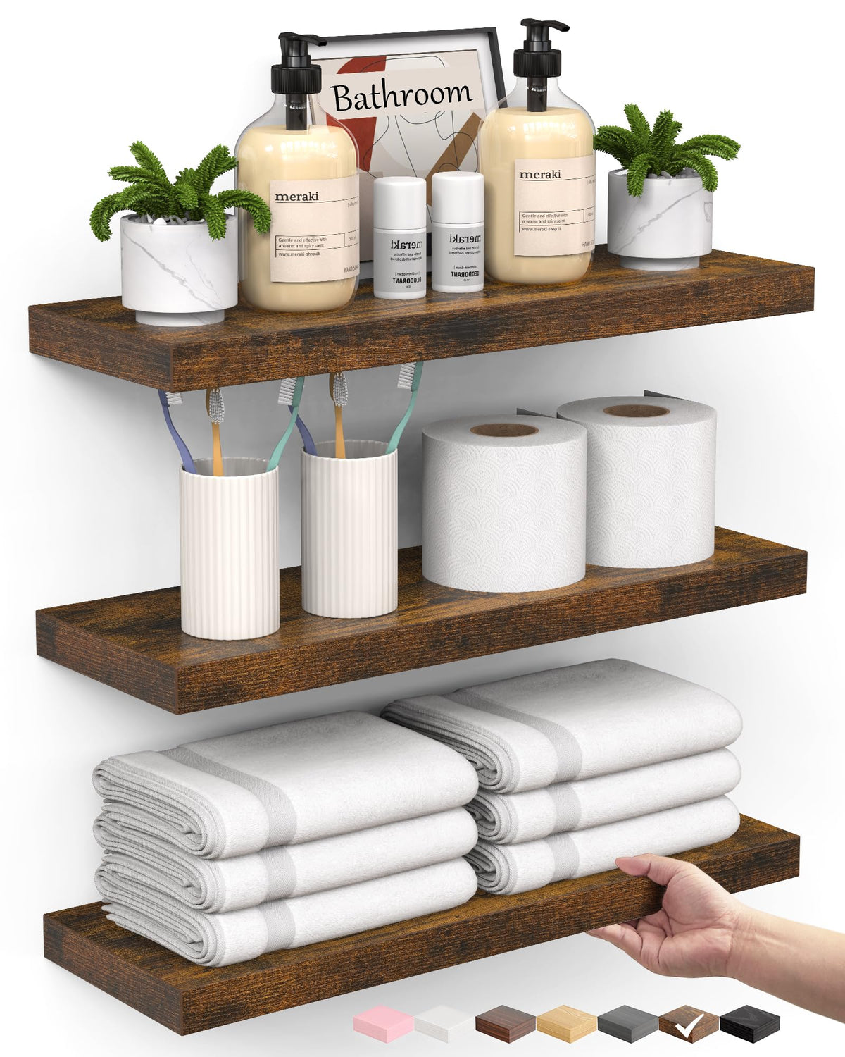 BAYKA Walnut-Like Floating Shelves 15.7in, 3 Pack, Wall Mounted Wall Decor