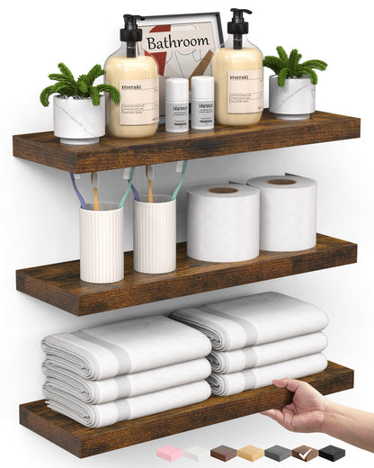 BAYKA Walnut-Like Floating Shelves 15.7in, 3 Pack, Wall Mounted Wall Decor