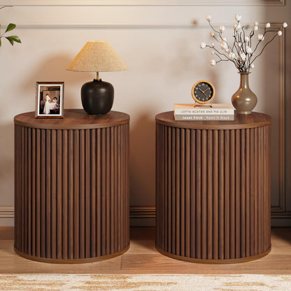 AVZEAR Small Round Side Table Fluted Night Stand Set of 2, 17.7" Mid Century Modern End Table, Circle Bedside Tables Wood Nightstands for Small Spaces, Living Room, Bedroom (Rustic Walnut)