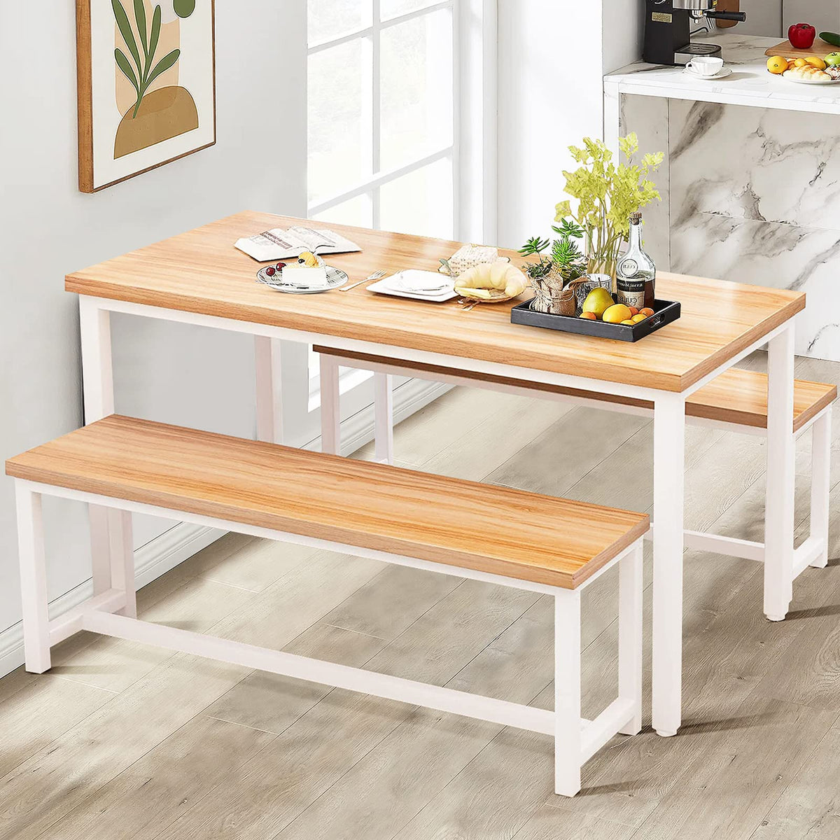 DKLGG Dining Table Set for 4, Wooden Kitchen Table with 2 Dining Bench