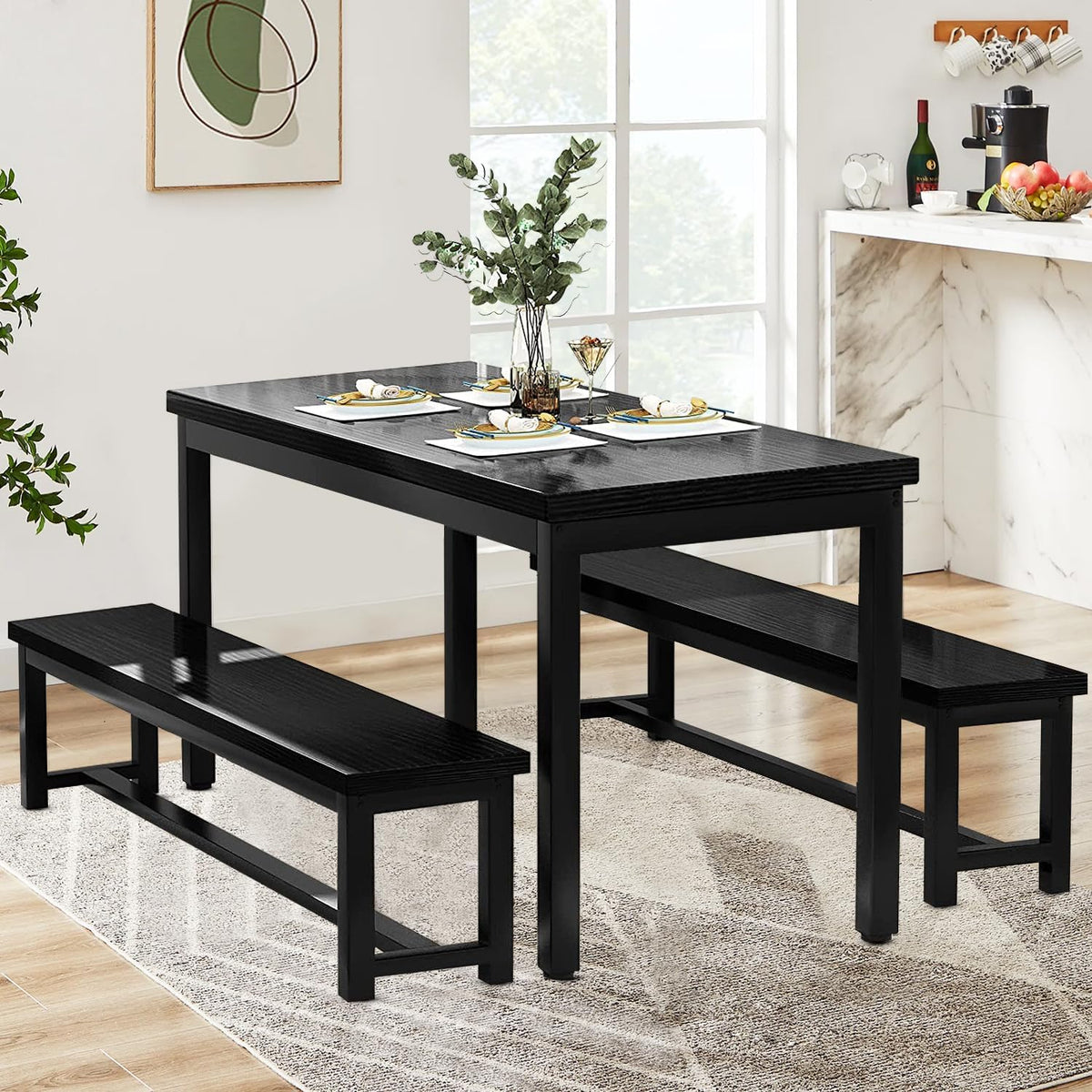 DKLGG Dining Table Set for 4, Wooden Kitchen Table with 2 Dining Bench