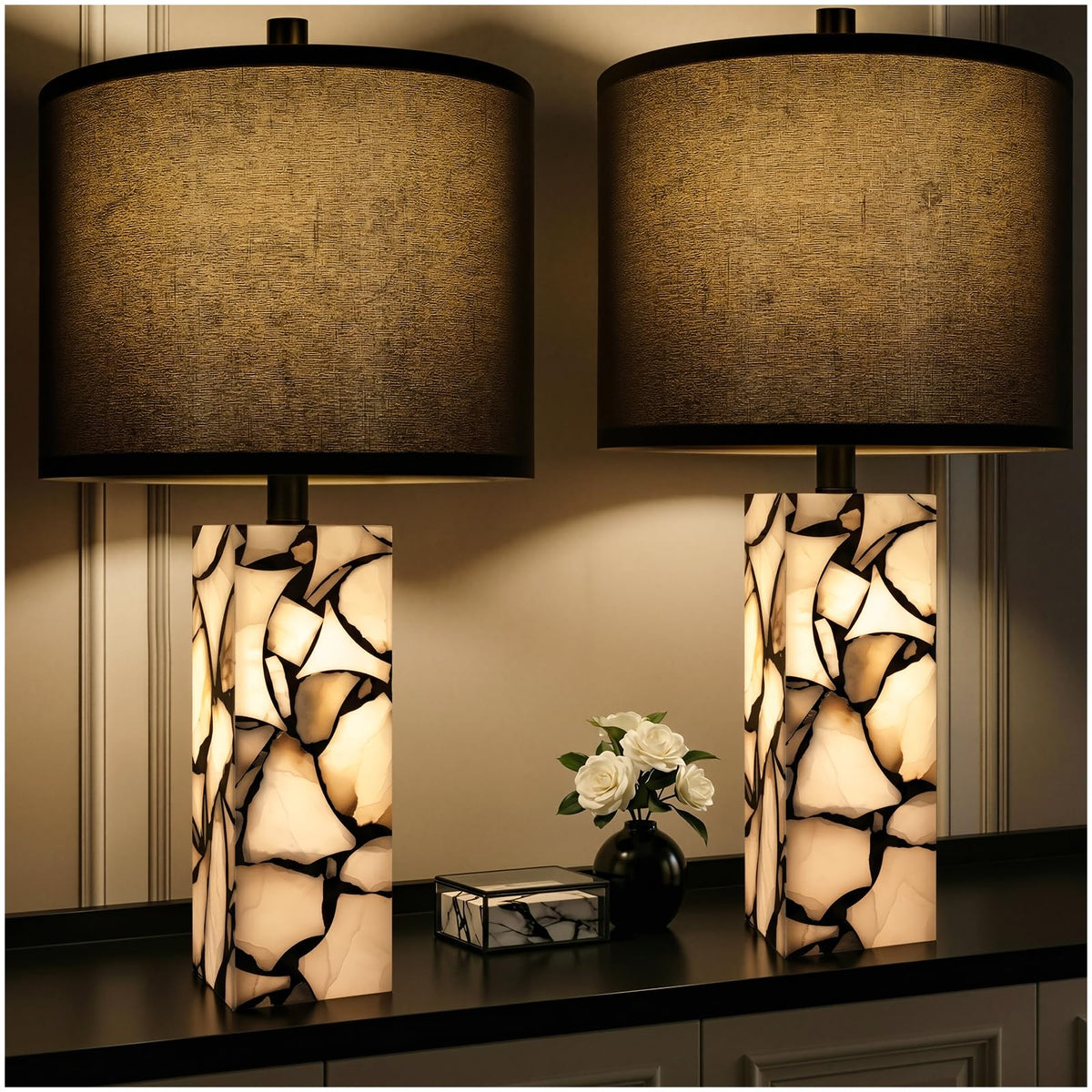 Scenekoy 23" Alabaster Table Lamp Set of 2 with Night Light for Living Room