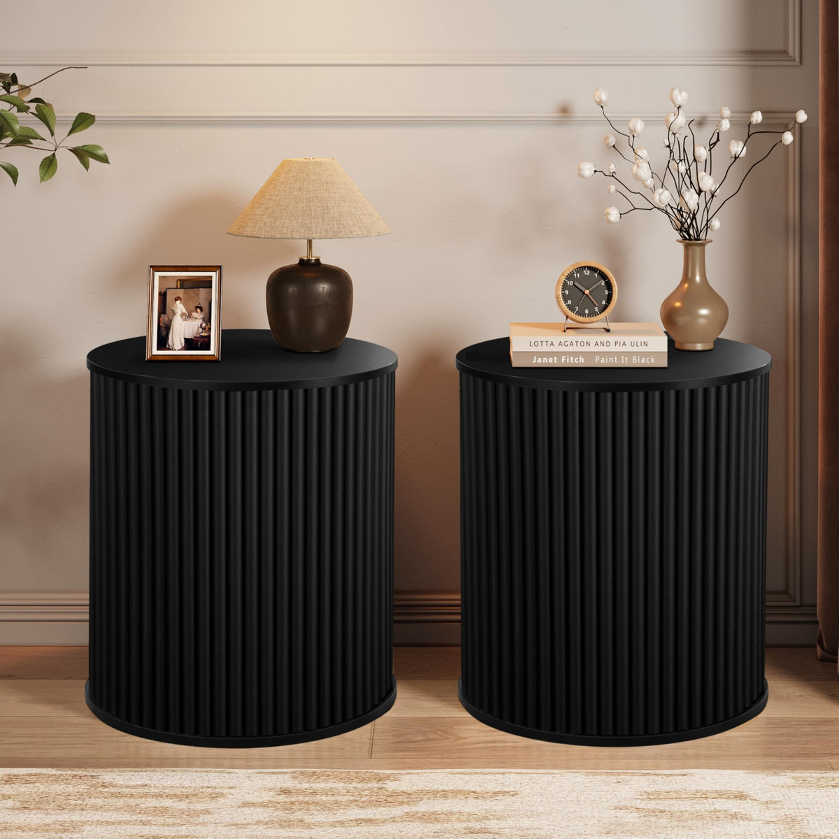 AVZEAR Small Round Side Table Fluted Night Stand Set of 2, 17.7" Mid Century Modern End Table, Circle Bedside Tables Wood Nightstands for Small Spaces, Living Room, Bedroom (Rustic Walnut)