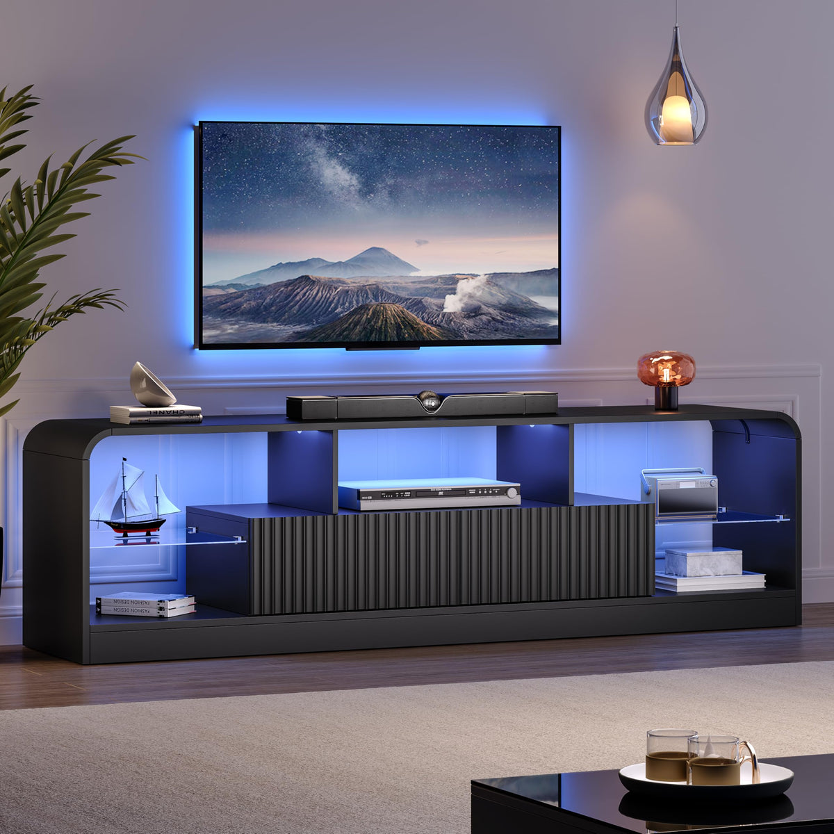 TV Stand for 60/65/70 Inch TVs, Modern Curved TV Console with LED Lights, 2 Drawers & Glass Shelves, Living Room Entertainment Center
