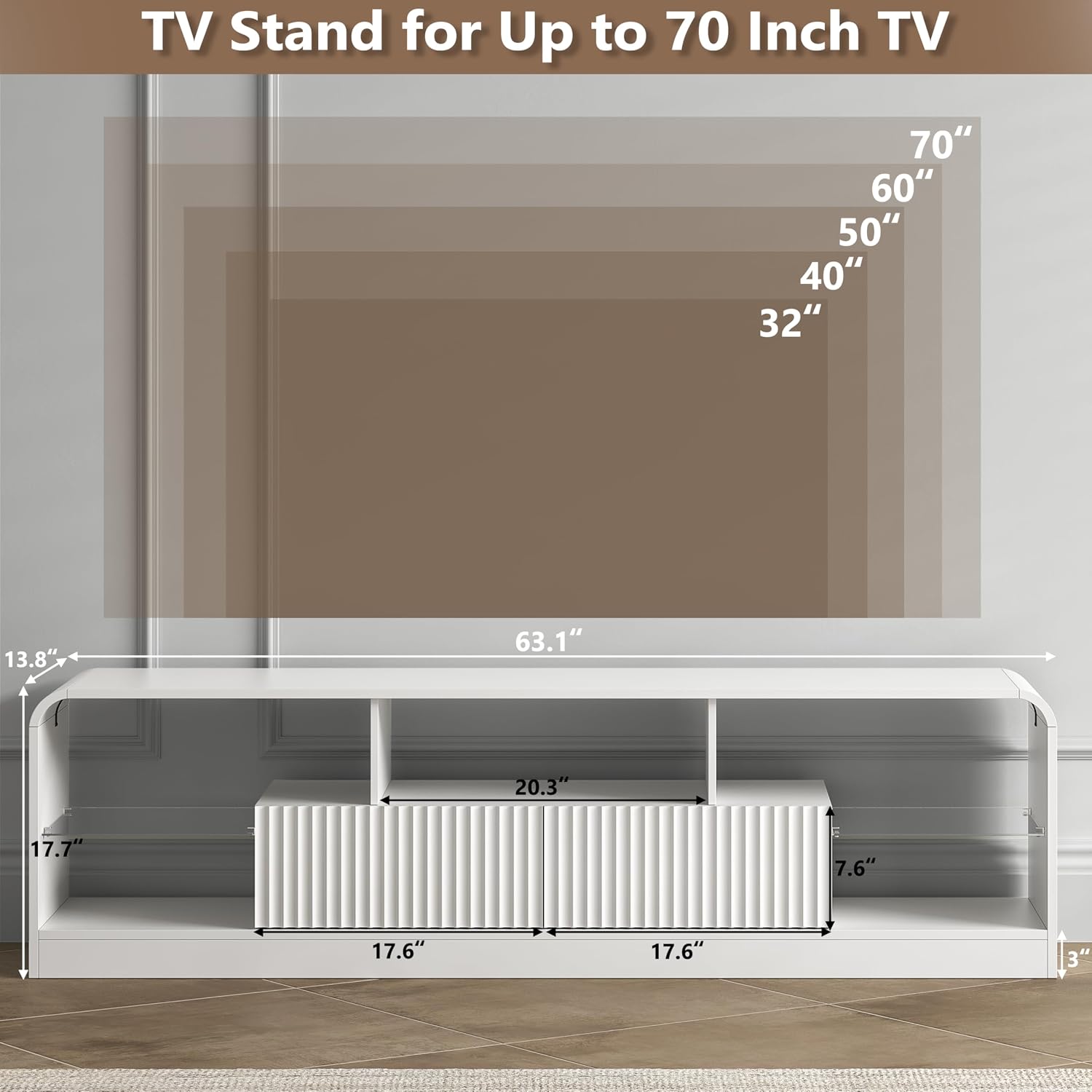 TV Stand for 60/65/70 Inch TVs, Modern Curved TV Console with LED Lights, 2 Drawers & Glass Shelves, Living Room Entertainment Center