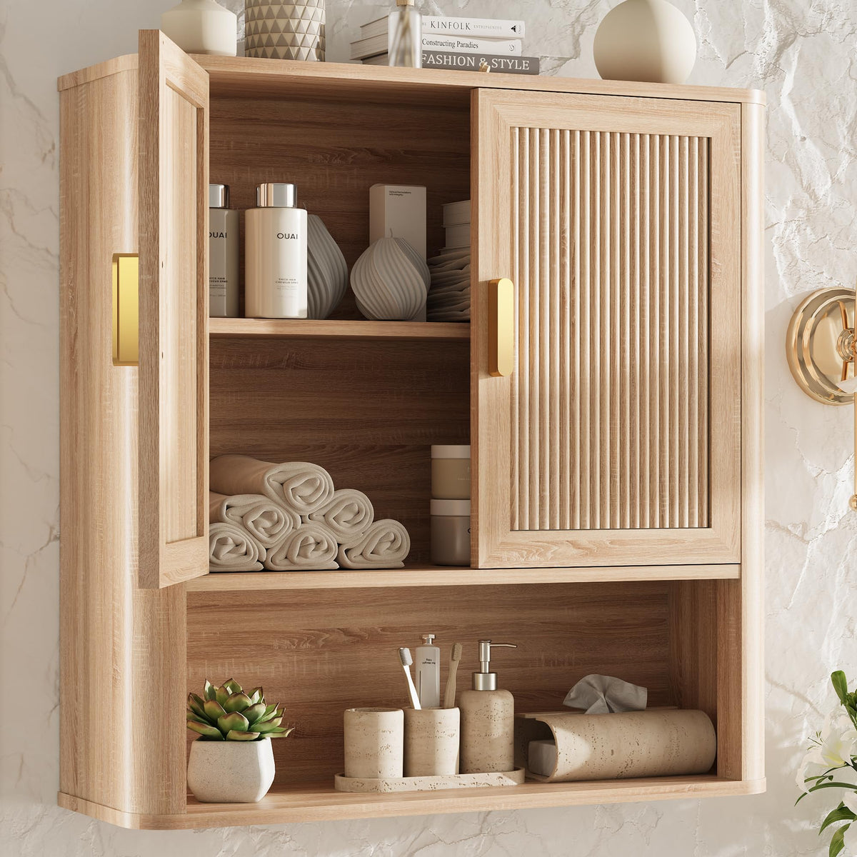 INNOD Rattan Bathroom Wall Cabinet with Towel Bar, Wall-Mounted Medicine Cabinet with Adjustable Wood Shelf & Doors, Over the Toilet Storage Cabinet for Laundry Room & Kitchen & Living Room
