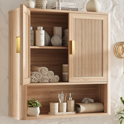 INNOD Rattan Bathroom Wall Cabinet with Towel Bar, Wall-Mounted Medicine Cabinet with Adjustable Wood Shelf & Doors, Over the Toilet Storage Cabinet for Laundry Room & Kitchen & Living Room