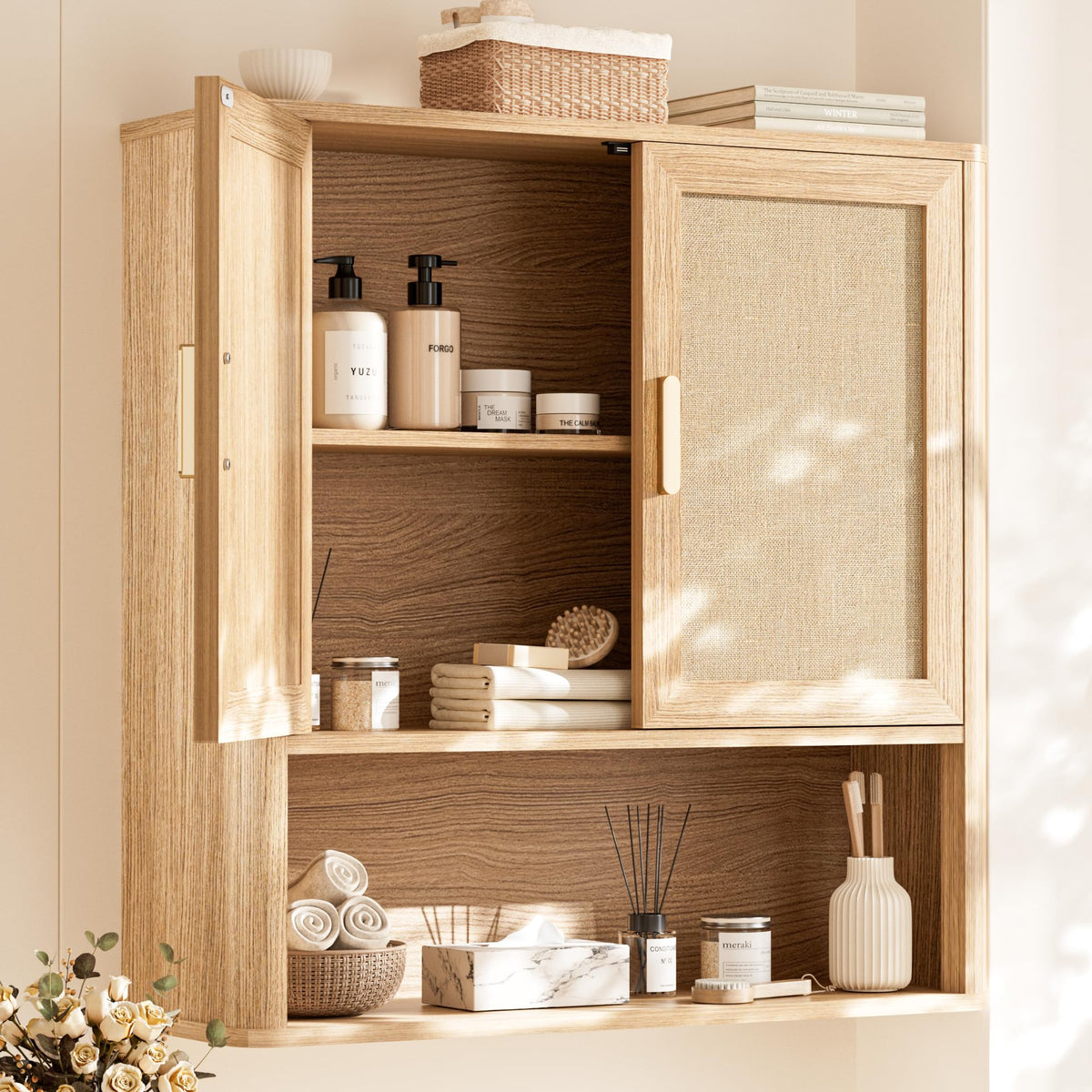 INNOD Rattan Bathroom Wall Cabinet with Towel Bar, Wall-Mounted Medicine Cabinet with Adjustable Wood Shelf & Doors, Over the Toilet Storage Cabinet for Laundry Room & Kitchen & Living Room