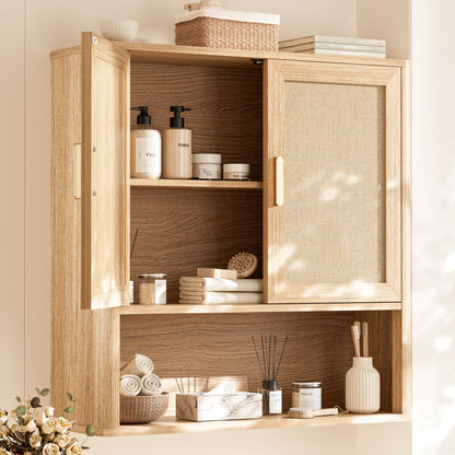 INNOD Rattan Bathroom Wall Cabinet with Towel Bar, Wall-Mounted Medicine Cabinet with Adjustable Wood Shelf & Doors, Over the Toilet Storage Cabinet for Laundry Room & Kitchen & Living Room