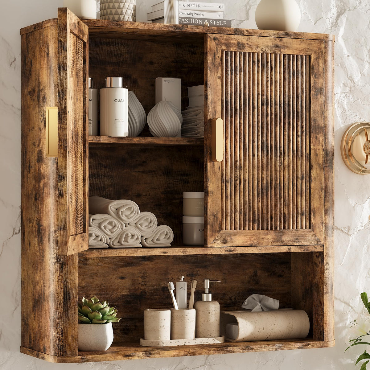 INNOD Rattan Bathroom Wall Cabinet with Towel Bar, Wall-Mounted Medicine Cabinet with Adjustable Wood Shelf & Doors, Over the Toilet Storage Cabinet for Laundry Room & Kitchen & Living Room