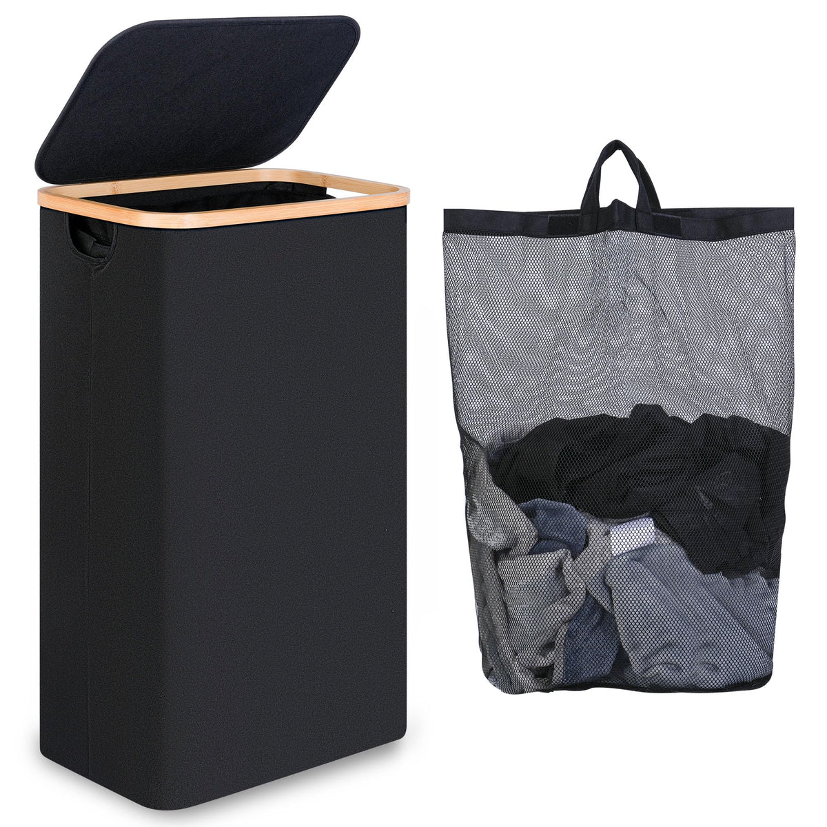 IEGrow Laundry Hamper with Lid,110L Laundry Basket with Mesh Bags,Black