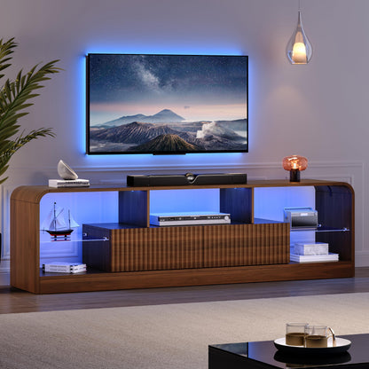 TV Stand for 60/65/70 Inch TVs, Modern Curved TV Console with LED Lights, 2 Drawers & Glass Shelves, Living Room Entertainment Center