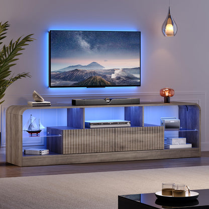 TV Stand for 60/65/70 Inch TVs, Modern Curved TV Console with LED Lights, 2 Drawers & Glass Shelves, Living Room Entertainment Center