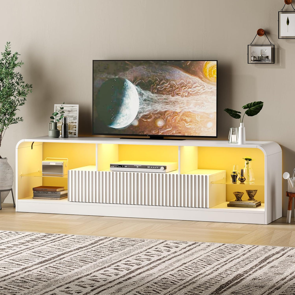 TV Stand for 60/65/70 Inch TVs, Modern Curved TV Console with LED Lights, 2 Drawers & Glass Shelves, Living Room Entertainment Center