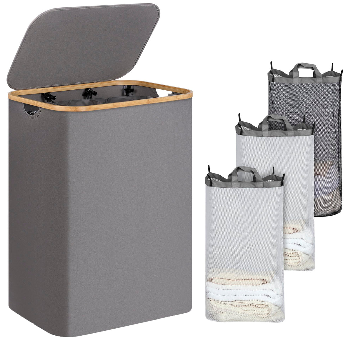IEGrow Laundry Hamper with Lid,110L Laundry Basket with Mesh Bags,Black