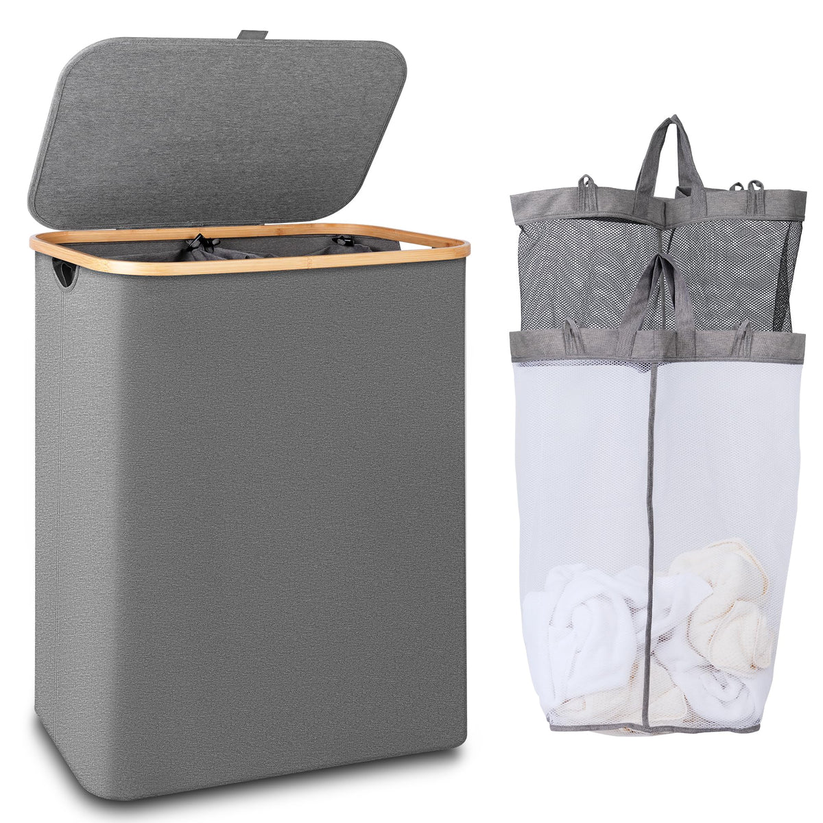 IEGrow Laundry Hamper with Lid,110L Laundry Basket with Mesh Bags,Black