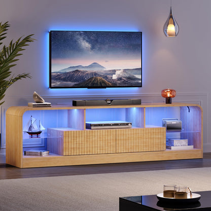 TV Stand for 60/65/70 Inch TVs, Modern Curved TV Console with LED Lights, 2 Drawers & Glass Shelves, Living Room Entertainment Center