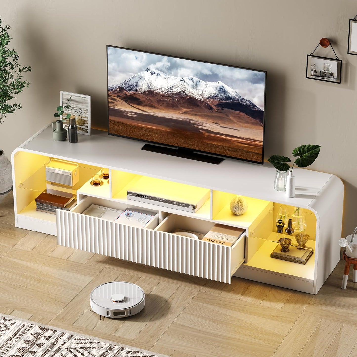 TV Stand for 60/65/70 Inch TVs, Modern Curved TV Console with LED Lights, 2 Drawers & Glass Shelves, Living Room Entertainment Center