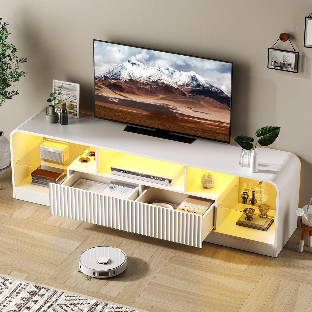TV Stand for 60/65/70 Inch TVs, Modern Curved TV Console with LED Lights, 2 Drawers & Glass Shelves, Living Room Entertainment Center