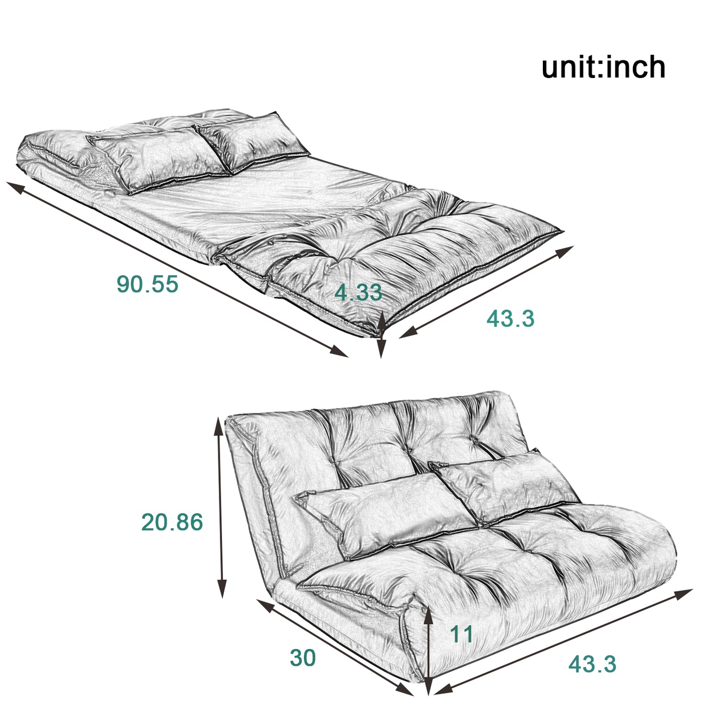 Sofa Bed Adjustable Folding Futon Sofa Bed with Two Pillows