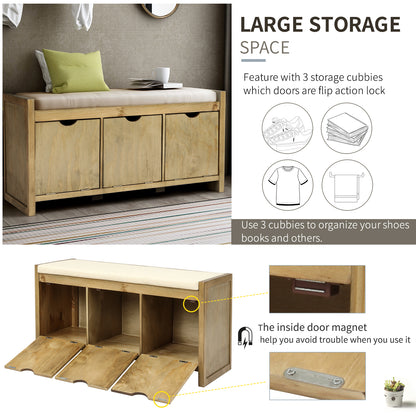 Storage Bench with Cushion and 3 Flip Lock Storage Cubbies for Living Room