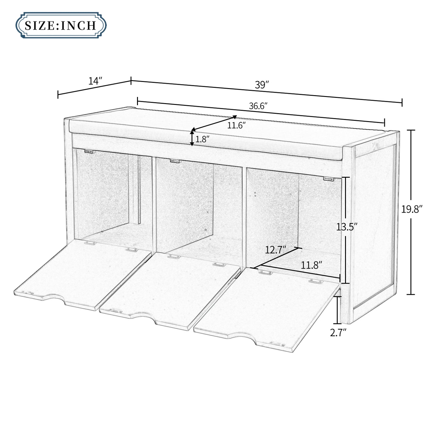 Storage Bench with Cushion and 3 Flip Lock Storage Cubbies for Living Room