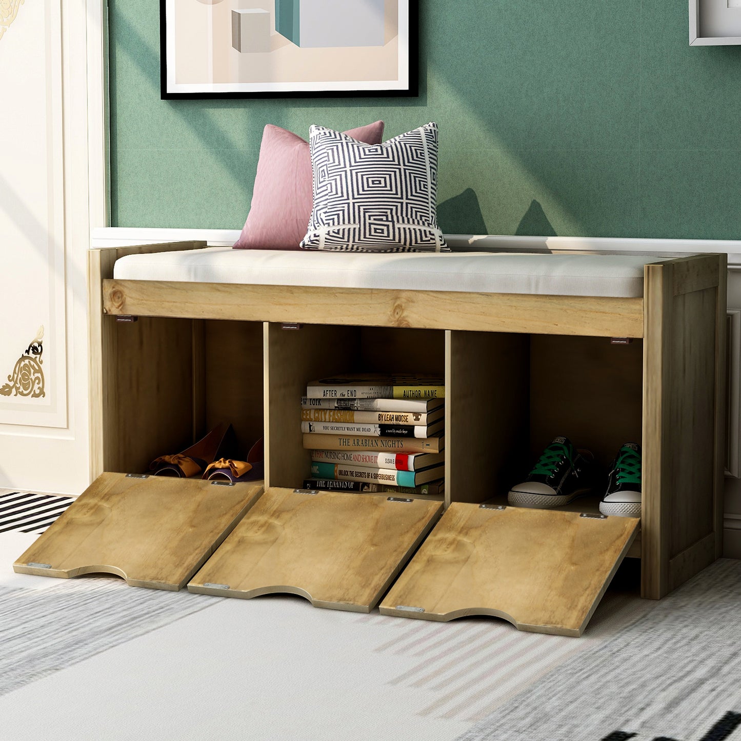 Storage Bench with Cushion and 3 Flip Lock Storage Cubbies for Living Room