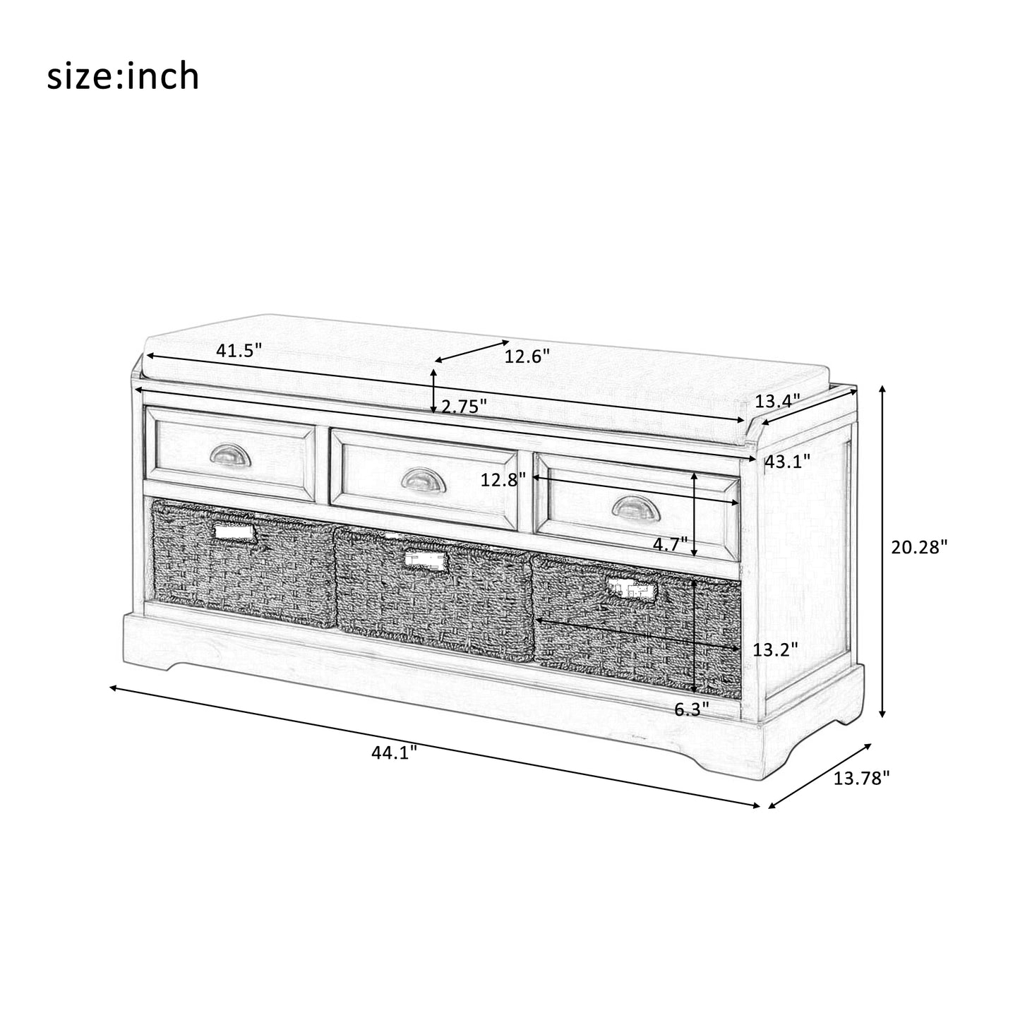 Wood Storage Bench with 3 Drawers and 3 Baskets