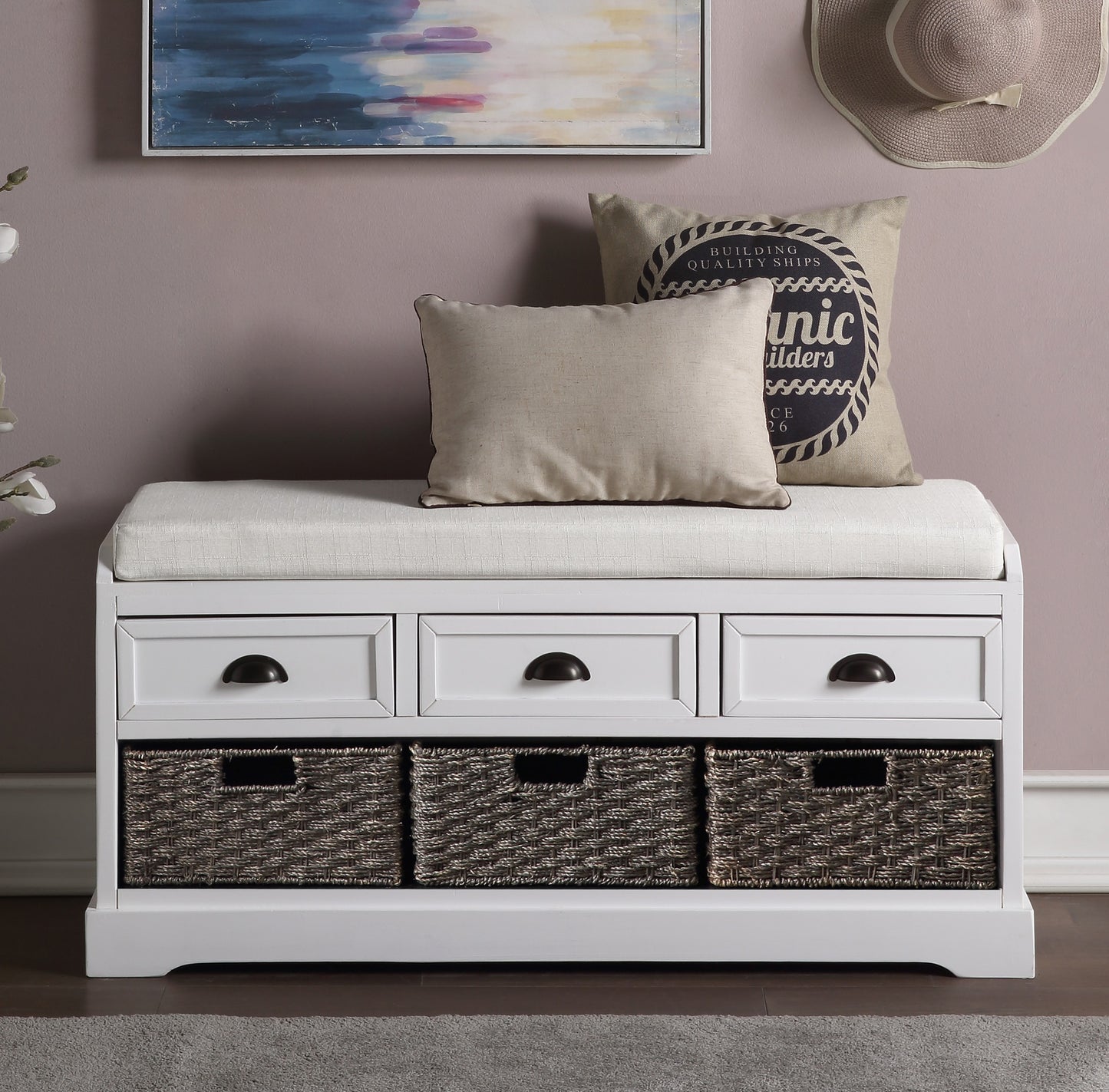 Wood Storage Bench with 3 Drawers and 3 Baskets