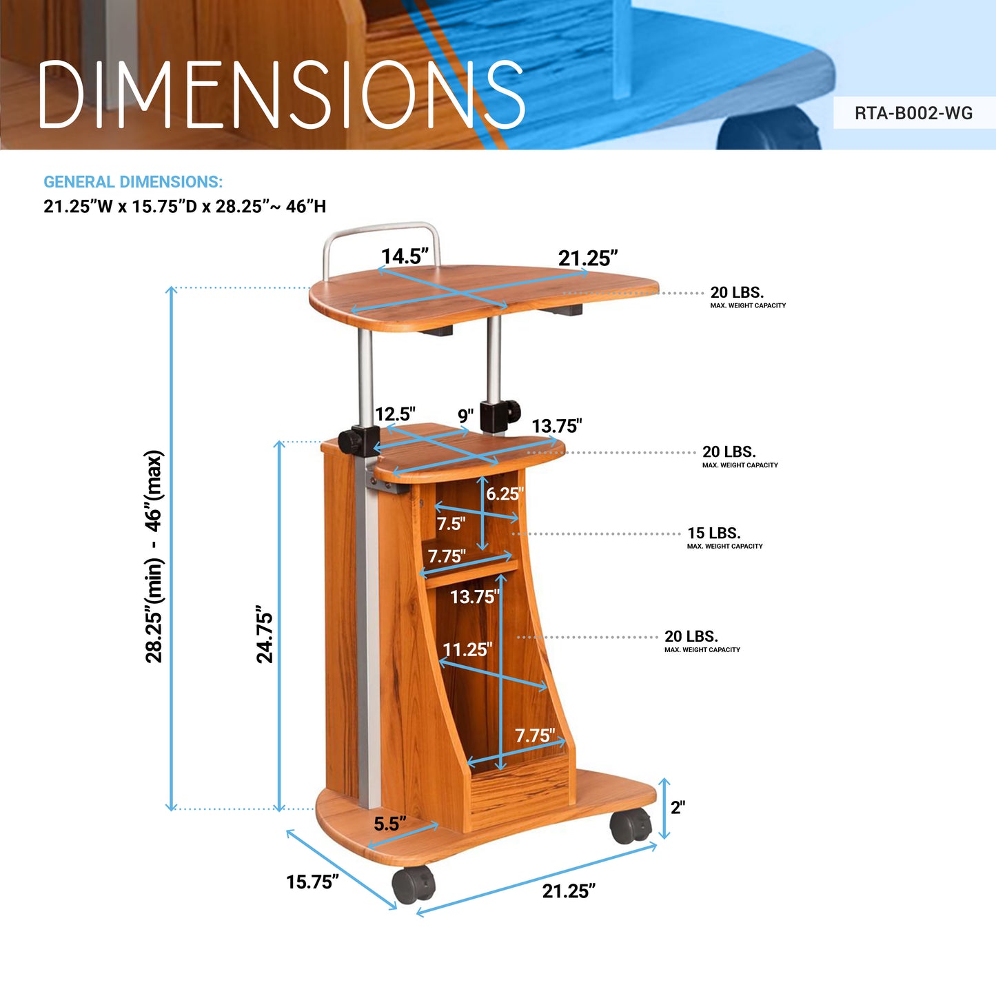 Rolling Adjustable Height Laptop Cart With Storage