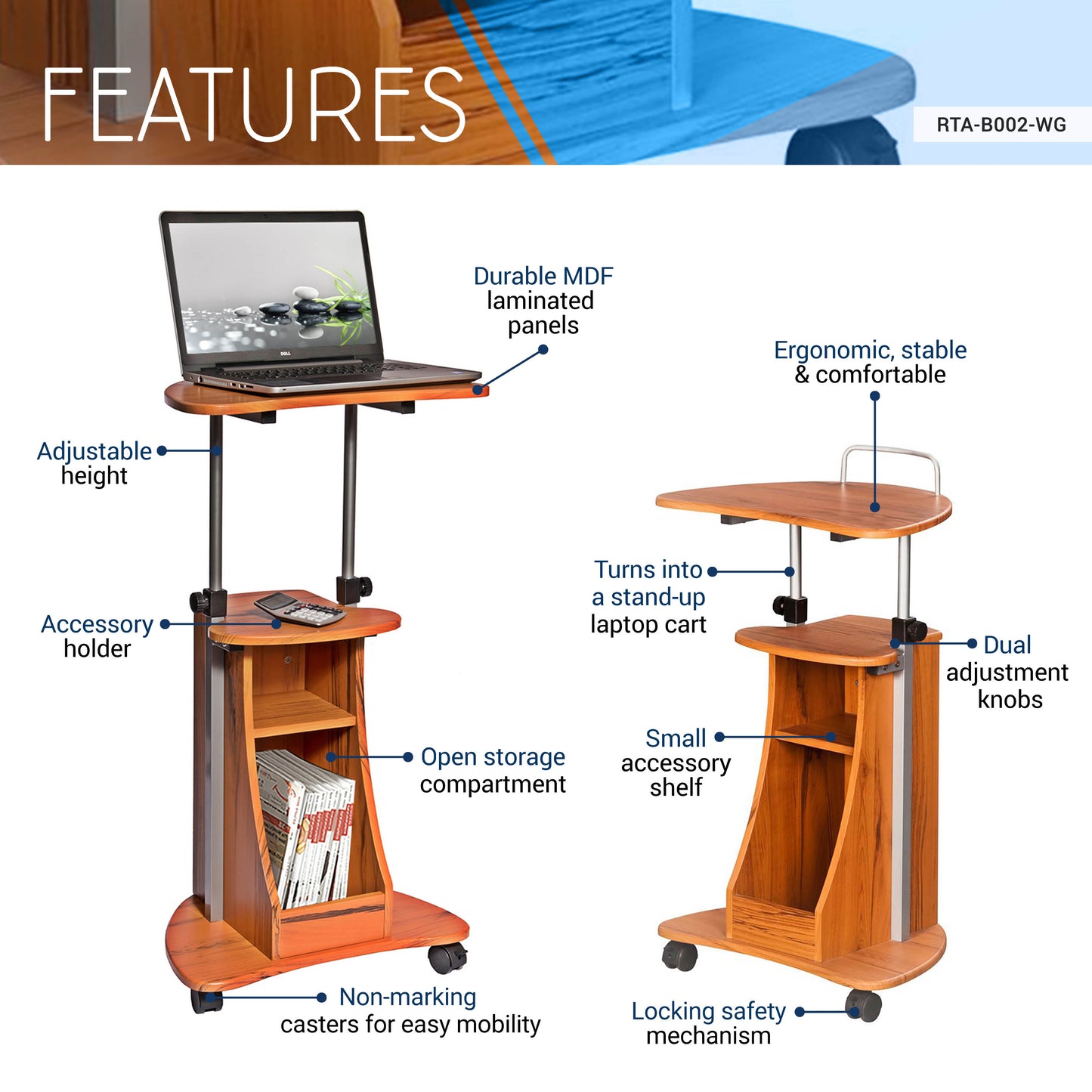 Rolling Adjustable Height Laptop Cart With Storage