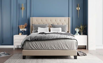 Queen Size Platform Bed with Beige Linen Fabric and Headboard