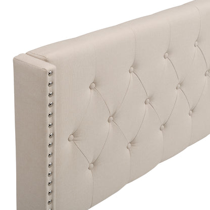 Queen Size Platform Bed with Beige Linen Fabric and Headboard