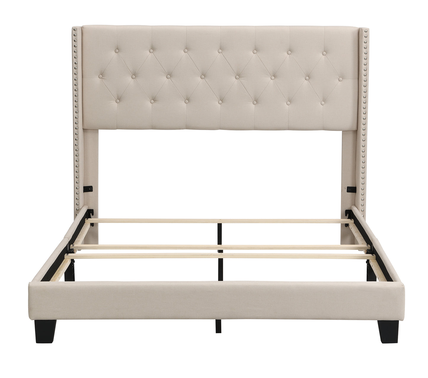 Queen Size Platform Bed with Beige Linen Fabric and Headboard