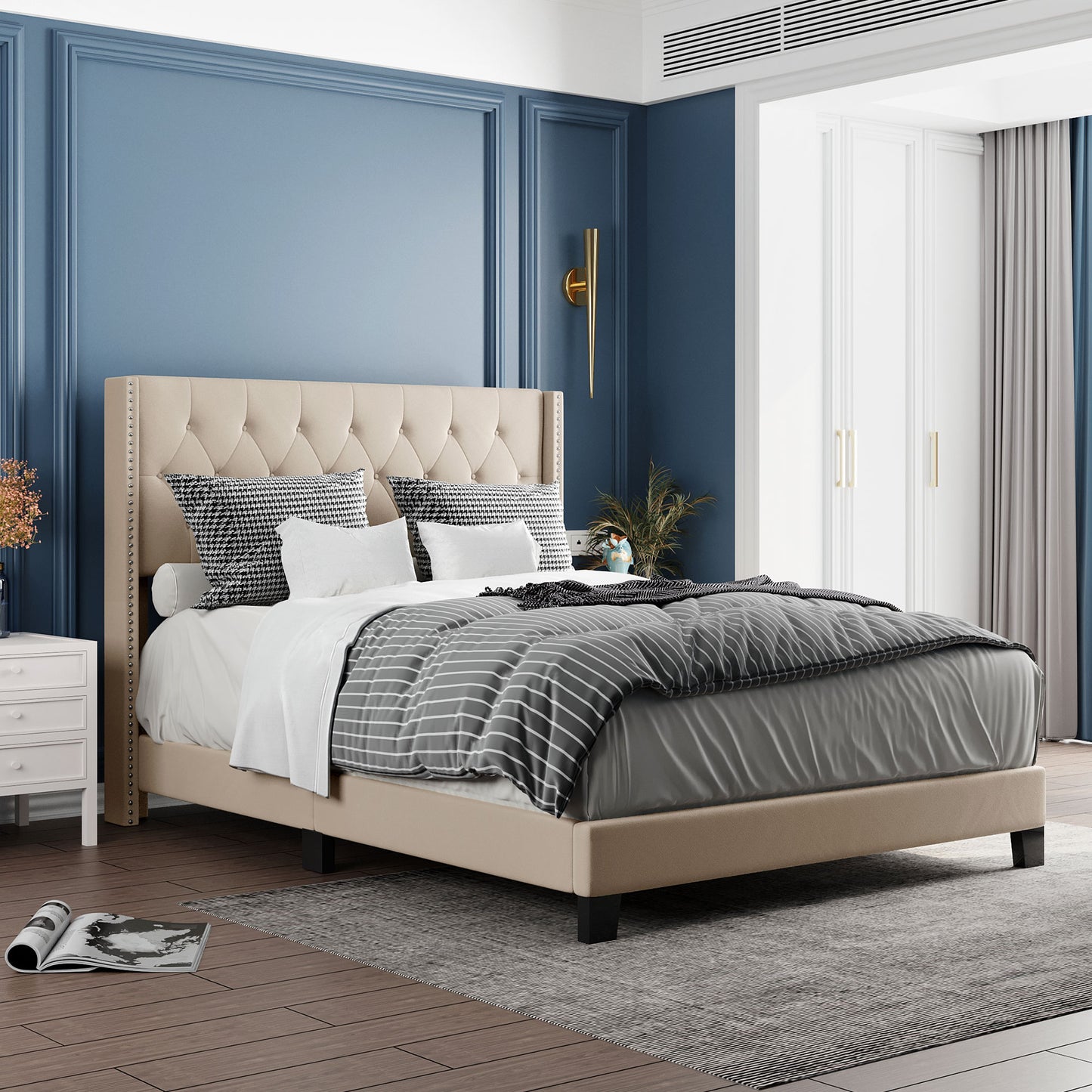 Queen Size Platform Bed with Beige Linen Fabric and Headboard