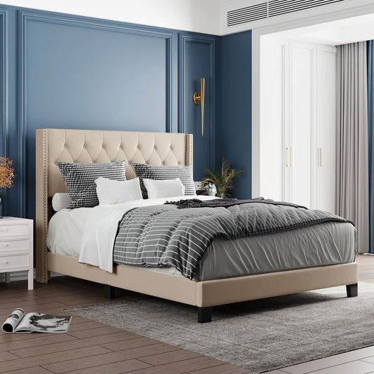 Queen Size Platform Bed with Beige Linen Fabric and Headboard