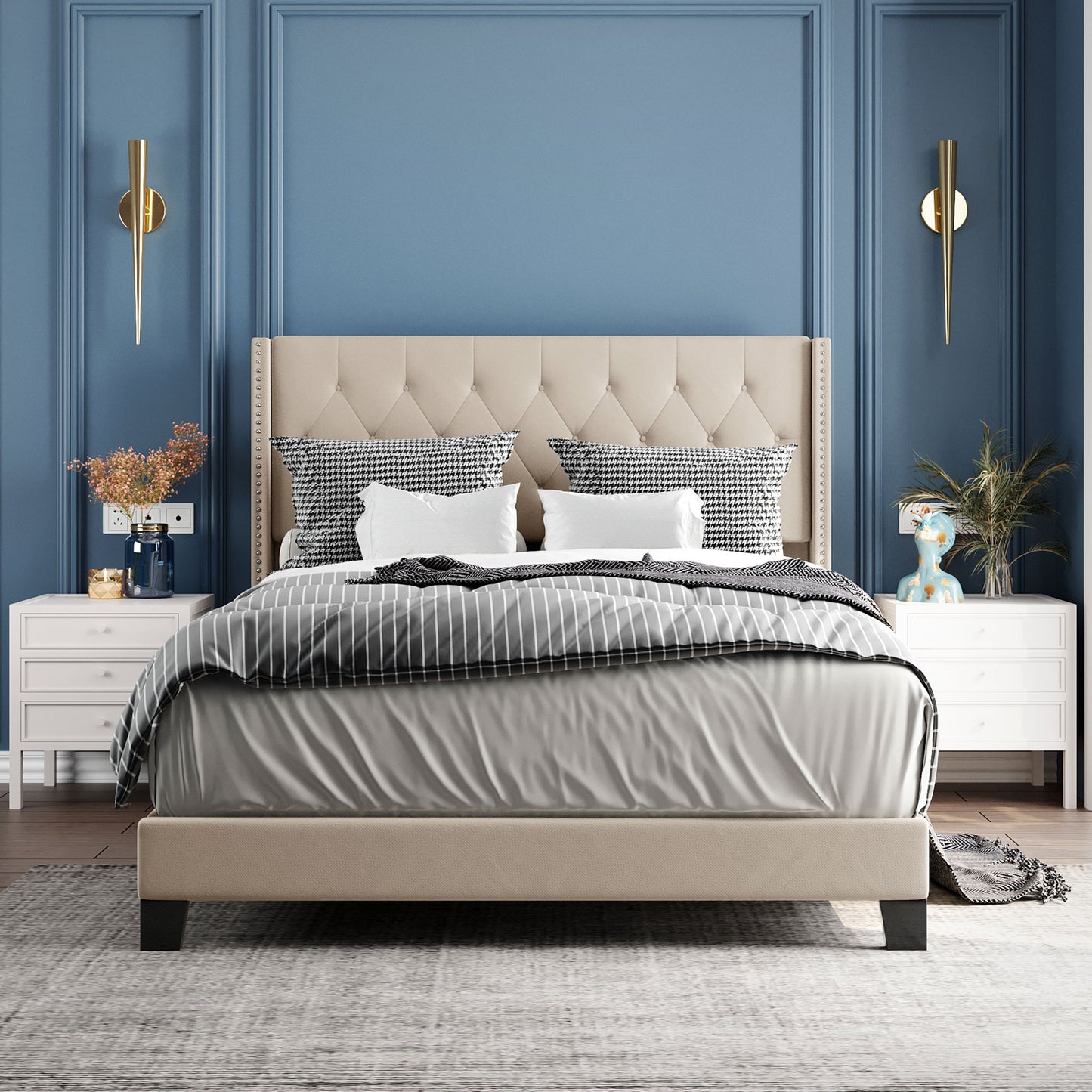 Queen Size Platform Bed with Beige Linen Fabric and Headboard