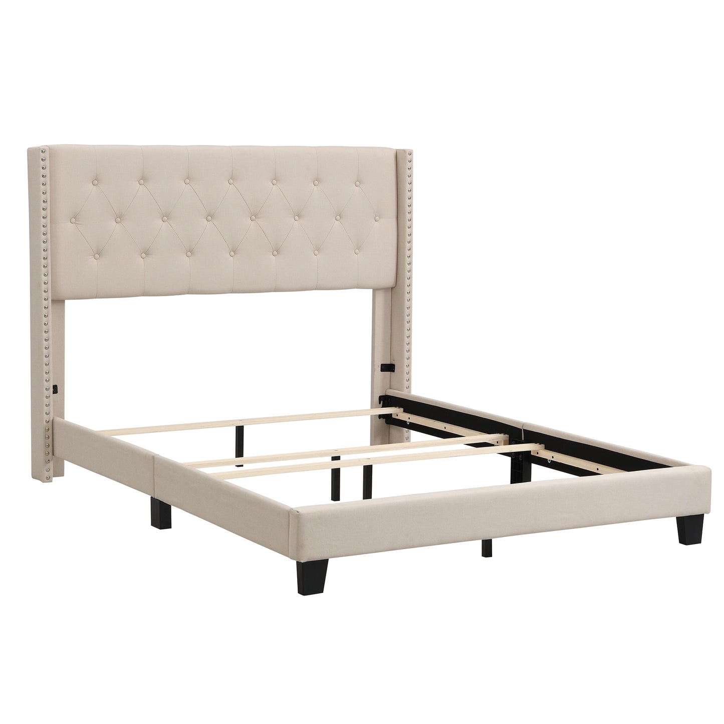 Queen Size Platform Bed with Beige Linen Fabric and Headboard