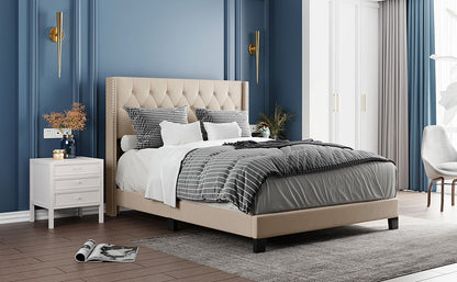 Queen Size Platform Bed with Beige Linen Fabric and Headboard