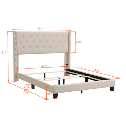 Queen Size Platform Bed with Beige Linen Fabric and Headboard